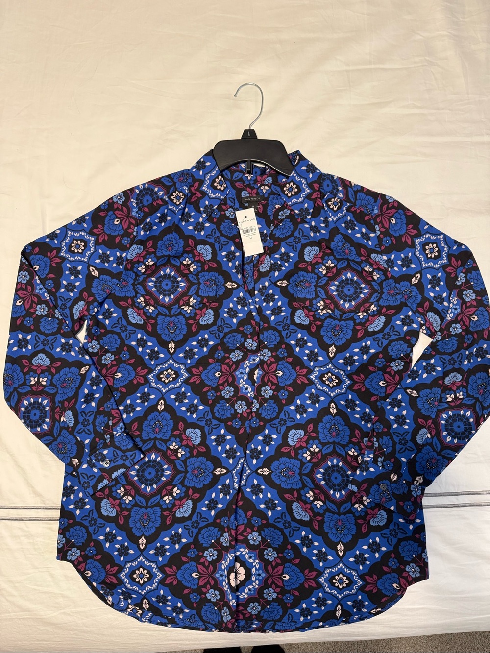 Ann Taylor Blue Floral Button-Up Top with Pinkish Accents, Size M